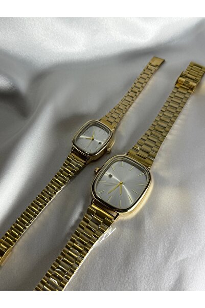 Sachka Sevgili Çift Saatleri Gold Çelik Kordon Beyaz Kadran Kare Kasa Unisex ...