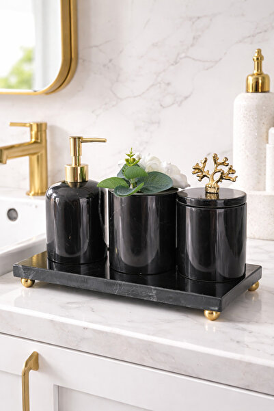 zekmar home stone Premium Siyah Mermer/ Gold 4'lü Banyo Seti