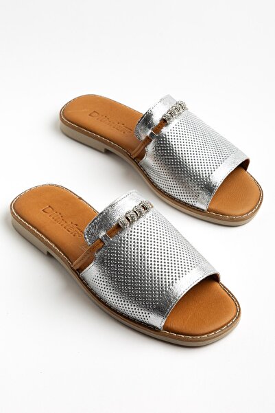 Dilimler Ayakkabı Genuine Leather Women's Flat Heels Slipper Silver Face Lase...
