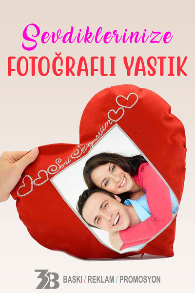 3B BASKI REKLAM PROMOSYON KİŞİYE ÖZEL FOTOĞRAF BASKILI KADİFE KALPLİ YASTIK-D...