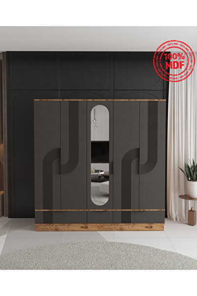 Teen & Bright EKİN 5 KAPAKLI ÇEKMECELİ BAZALI GARDIROP - TAMAMI MDF