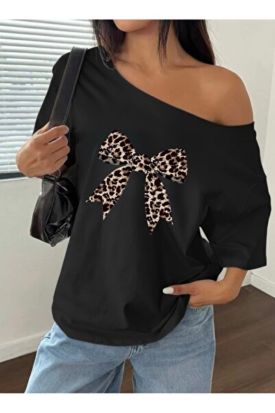 FUFLUNS Leopard Ribbon Printed Oversized Women's Boat Neck T-Shirt