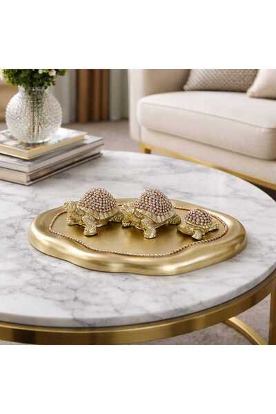 rakaymu 4 Parça Kristal Taşlı Tepsili Kaplumbağa Biblo Seti Salon Aksesuar De...