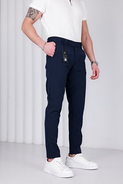 MODAMESTO Men's Navy Blue Slim Fit Lycra Side Pocket Ankle Length Plain Fabri...