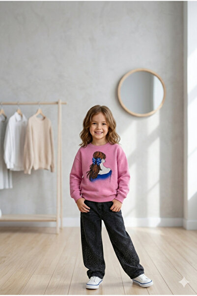 Yalçınoğlu Kids Girl's 5-12 Years Old Pearl Detailed Denim Bottom Sweat Top S...