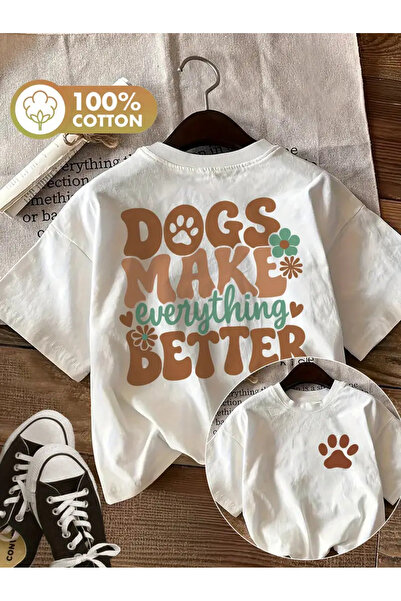 AEMİ Unisex Dogs Make Everything Better Printed Oversized Crew Neck T-Shirt