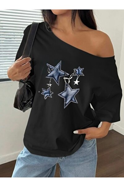 FUFLUNS Oversize Women's Boat Neck T-Shirt with Chained Star Print