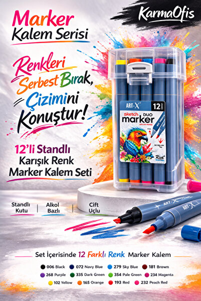 KarmaOfis 12-Piece Alcohol-Based Dual Tip Marker Pen Set with Stand - Profess...