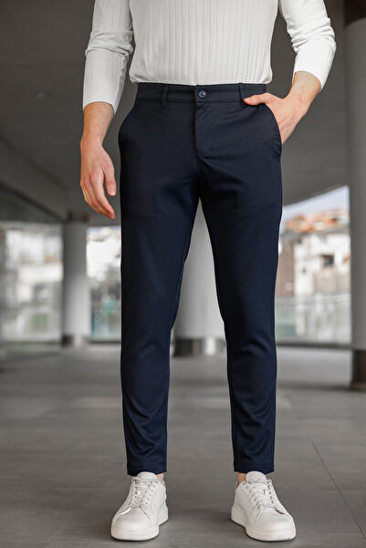 MODAMESTO Pantaloni casual Dobby slim fit Mold, albastru marin pentru bărbați