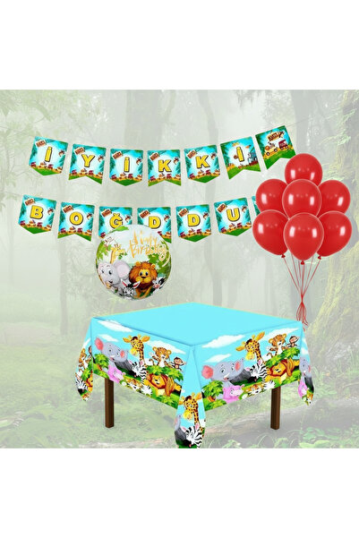Umamiçe Safari Party Set – 10 Red Balloons + Banner + Foil Balloon + Tablecloth
