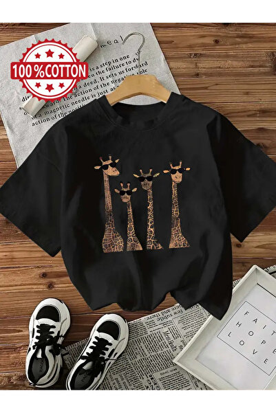 AEMİ Unisex Giraffes Printed Oversized Crew Neck T-Shirt