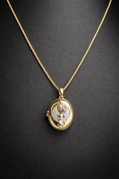 POYASE Alya Kolyesi Moon Star Stone Openable Medallion Necklace with Photo Oval Design