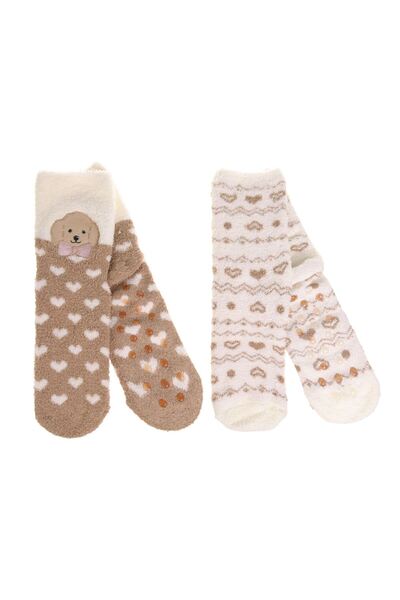 OEM Women's Fluffy Ecru Beige Patterned with 3D Hearts & Puppy Pattern Anti-s...