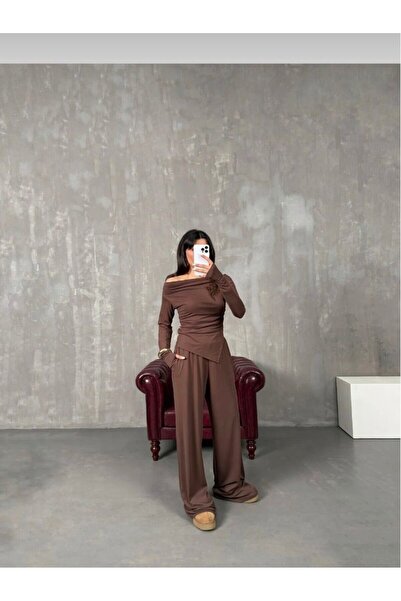 SLAW REZZ Women's Draped Asymmetrical Cut Suit Blouse Trousers Modal Set