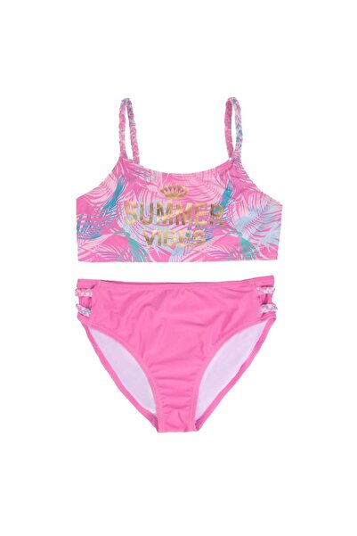 OEM Set Costum de Baie Roz Lila cu Model Frunze Tropicale Folie Aurie ”Summer...