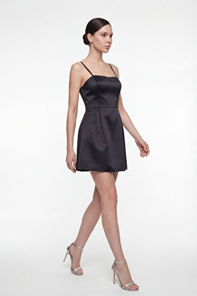 Lafaba Women's Black Spaghetti Strap Mini Satin Homecoming Evening Dress