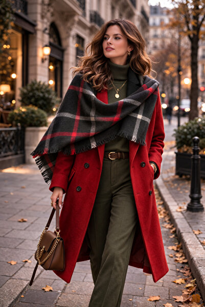 KRAFTELLA Khaki Plaid Patterned Shoulder Shawl |   Soft-Textured Plaid Shawl