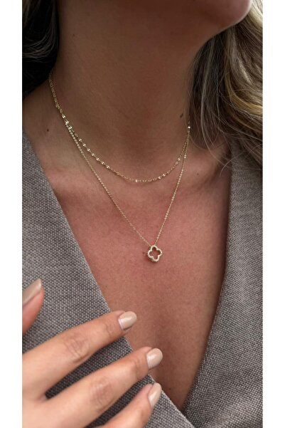 Velsha Altın Rengi Çelik İkili Yonca Kolye Seti