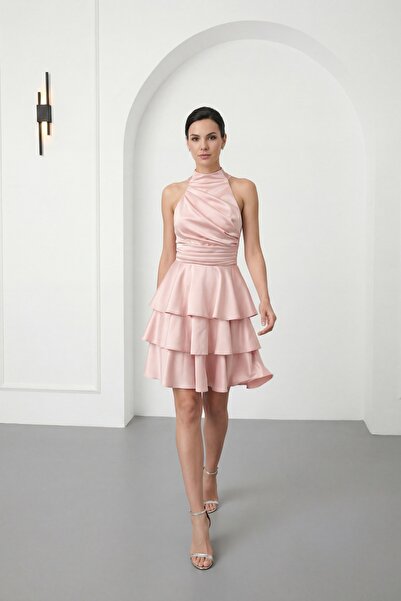 Lafaba Women's Powder Halter Neck Satin Mini Graduation Evening Dress