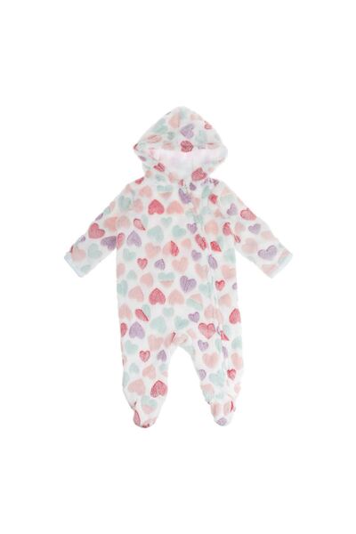 OEM White Fleece Jumpsuit with Hood & Colorful Hearts Pattern for Babies 6-12...