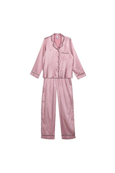 OEM Set Pijama de Iarna Roz Satinata cu Detalii Negre pentru Femei Large-XLarge