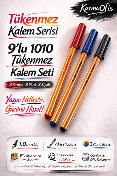 KarmaOfis 1010 Ballpoint Pen Set 1.0 mm |   Blue Red Black |   Long-Lasting O...