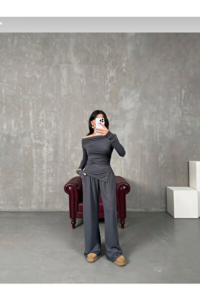 SLAW REZZ Women's Draped Asymmetrical Cut Suit Blouse Trousers Modal Set