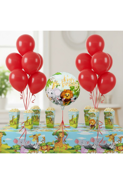 Umamiçe Safari Party Set – 10 Red Balloons + 8-Piece Corn Box + Foil Balloon ...
