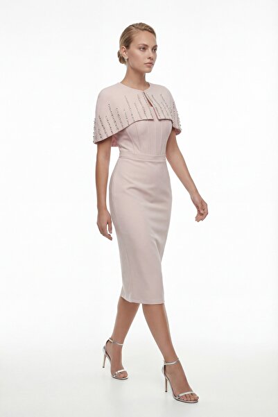 Lafaba Women's Powder Color Slim Fit Jacketed Stoned Midi Promise Engagement ...