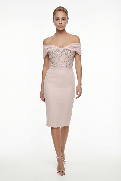 Lafaba Women's Powder Color Boat Neck Stoned Midi Promise Engagement Wedding ...