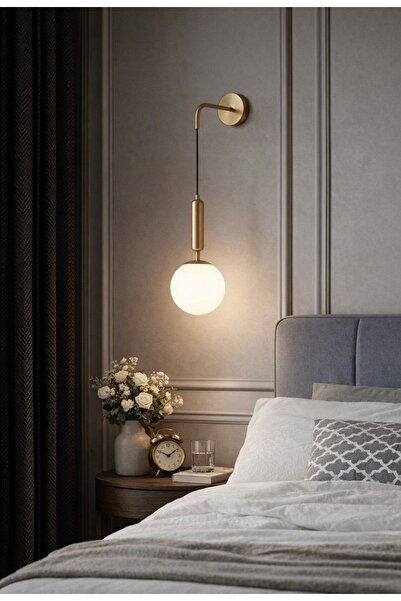 demet habek mylights Yatak Başı Tekli Sarkıt Aplik Mat Altın Kaplama Opal Cam...