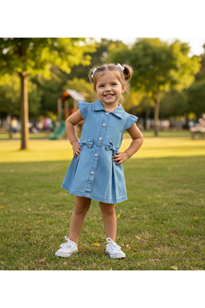 Aymini kids Rochie din denim pentru fete, cu panglică și nasturi pe gât