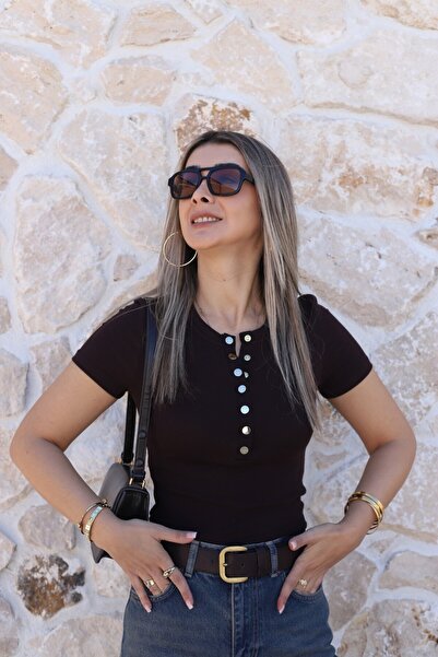 bytugcekaya Coffee Short Sleeve Buttoned Blouse