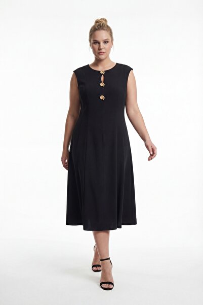 Lafaba Women's Black Crew Neck Gold Accessory Detail Midi Event Dress