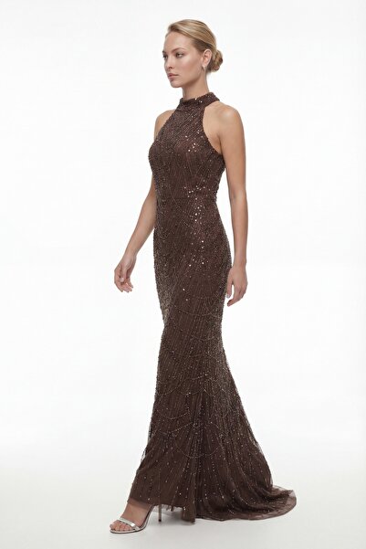 Lafaba Women's Brown Slim Fit Halter Neck Stone Long Fish Evening Dress