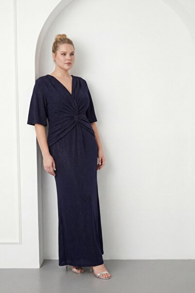 Lafaba Women's Navy Blue V-Neck Short Sleeve Plus Size Long Evening Dress