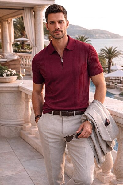 Maccali Men's Trend Mercerized Claret Red Polo Zipper T-Shirt