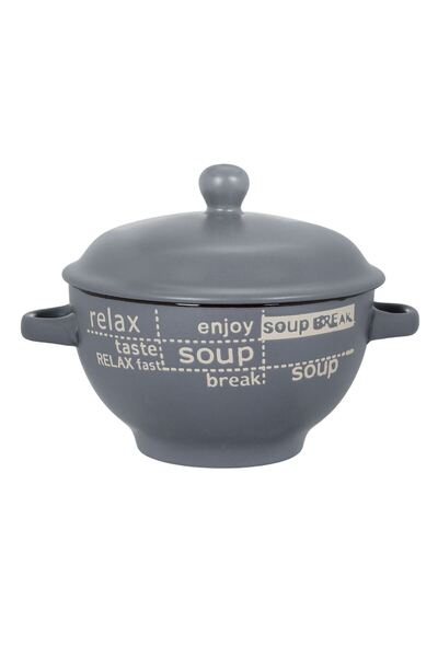 OEM Brown Ceramic Bowl with Handles & Lid "SOUP" for Soup 650ml
