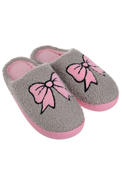 OEM Grey Faux Fur Winter Slipper with Pink Bow & Reinforced Sole for Women 40-41