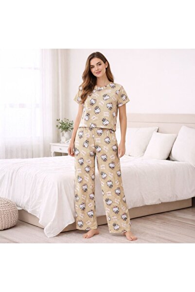 OEM Beige Cotton Winter Pajama Set with Short Sleeves & Hello Kitty Pattern f...