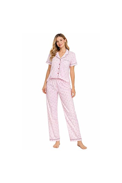 OEM Women's Pink Striped and Red Hearts Short Sleeve Winter Pajamas Large-XLarge