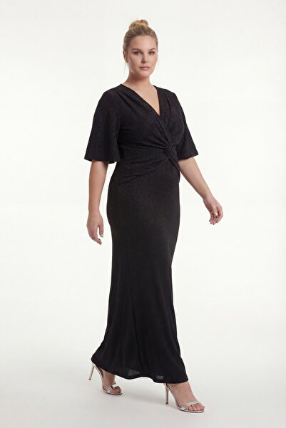 Lafaba Women's Black V-Neck Short Sleeve Plus Size Long Evening Dress