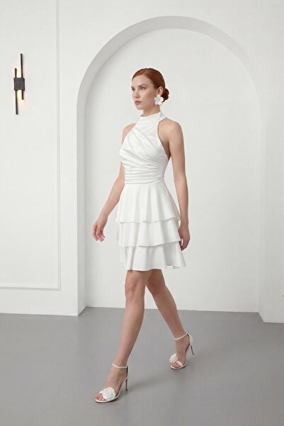 Lafaba Women's White Halter Neck Satin Mini Homecoming Evening Dress