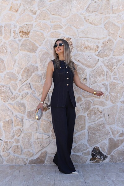 bytugcekaya Navy Blue Gold Buttoned Vest Set Denim Set