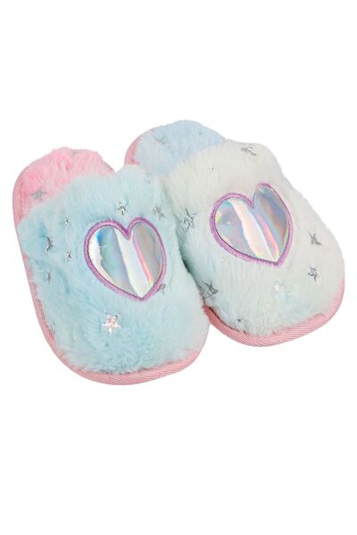 OEM Colorful Faux Fur Winter Slipper & Holographic Heart for Teens 31-32