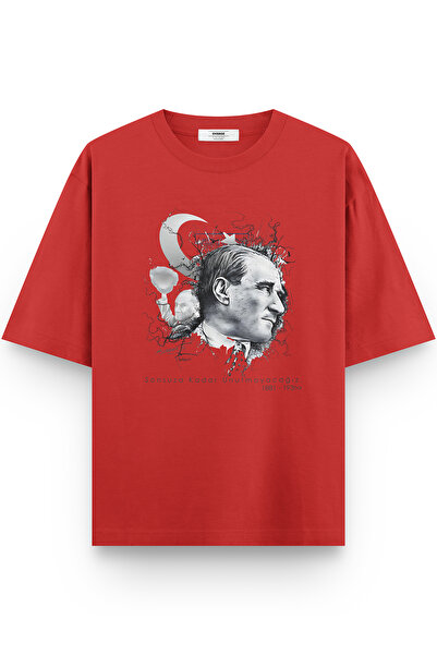 Overoz Ataturk Printed Half Oversized Red T-Shirt 1236