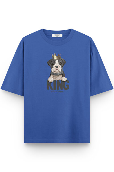 Overoz تي شيرت King Dog مطبوع باللون الأزرق مقاس شبه كبير 1033