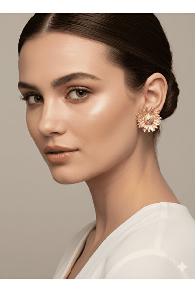 FM Zamak Brass Plated, Steel Tipped Gold Color Sunflower Patterned Women's Ea...