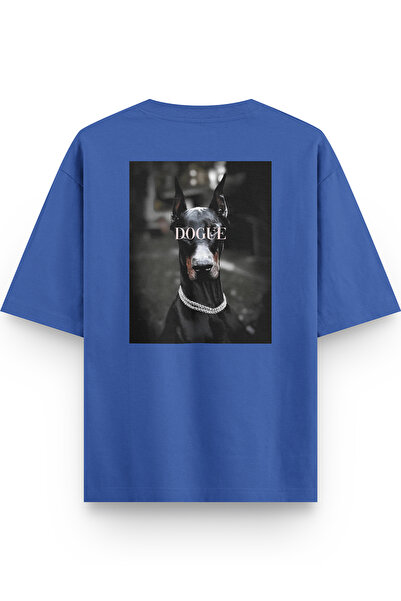 Overoz Doberman Dogue Dog Back Printed Half Oversized Blue T-Shirt 1235