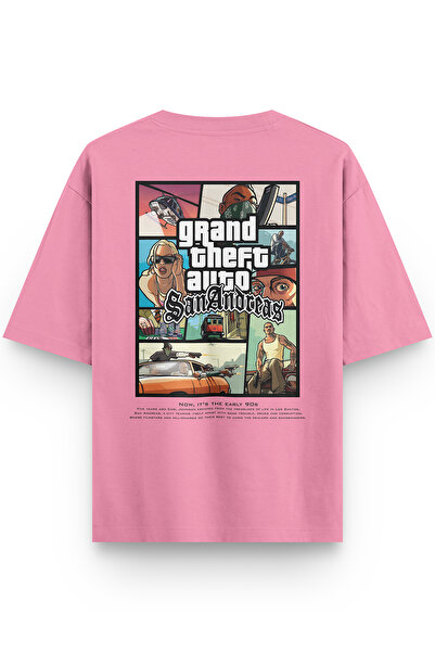 Overoz Gta San Andreas Back Printed Half Oversized Pink T-Shirt 1364